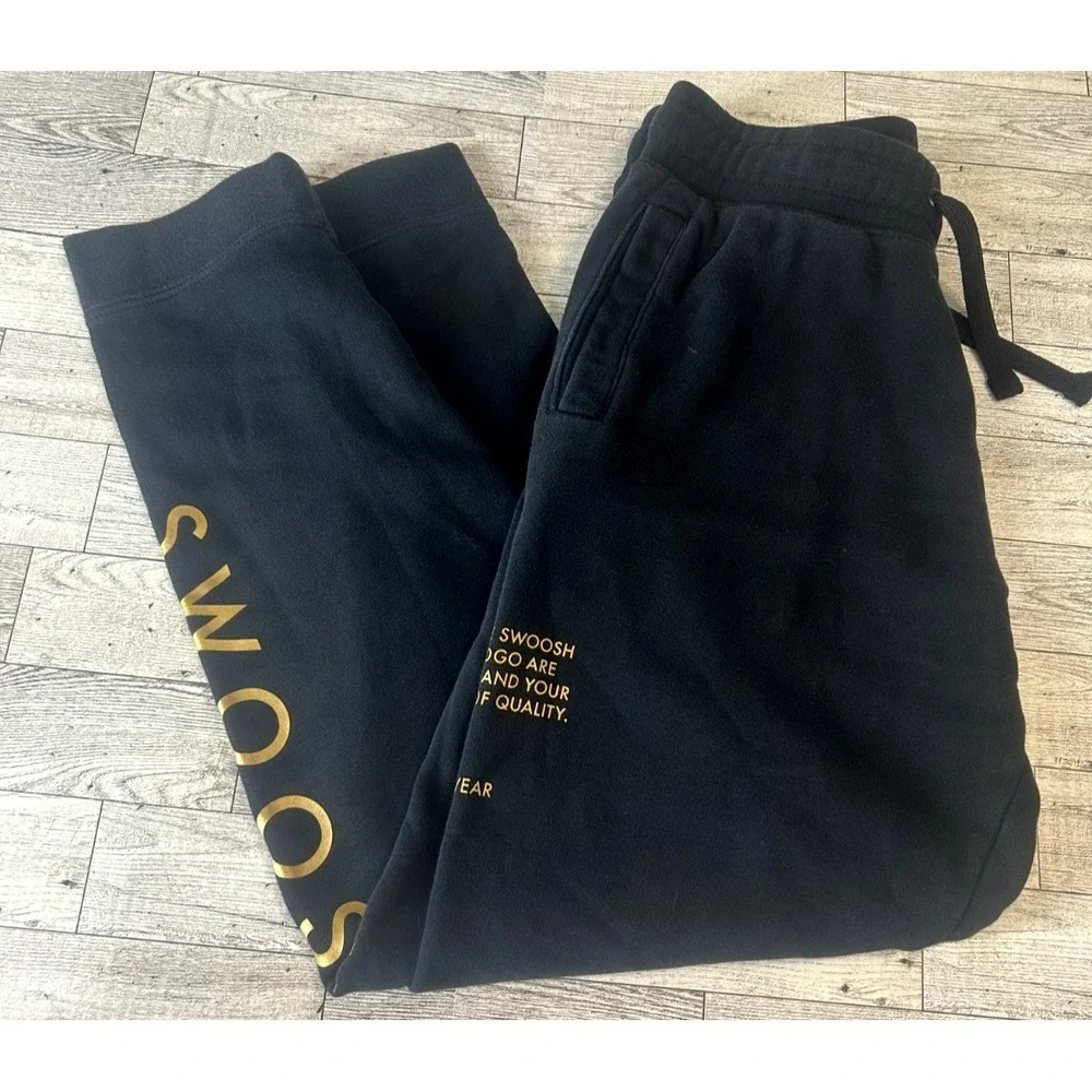 Nike Boys Black Gold Logo Swoosh Fleece Track Sweatpants Drawstring LARGE